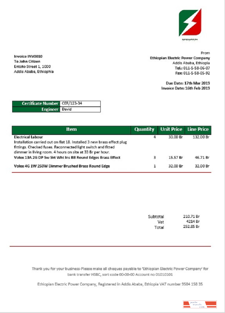 Ethiopia Ethiopian Electric Power Company electricity utility bill